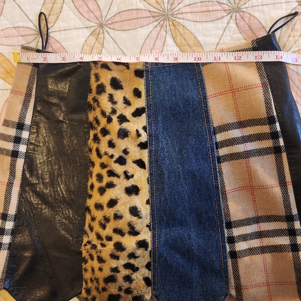 Moschino Couture! 1990s Vintage Patchwork Skirt Wool Faux Leather Denim Faux Fur - Picture 8 of 17